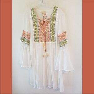 Bohemian Gauzy White Dress with Green and Orange Accents